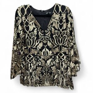 Black and Gold Metallic Floral Embroidered Bell Sleeve Blouse